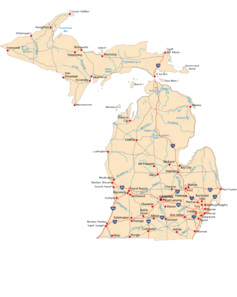 Map of Michigan with Lansing and other cities marked
